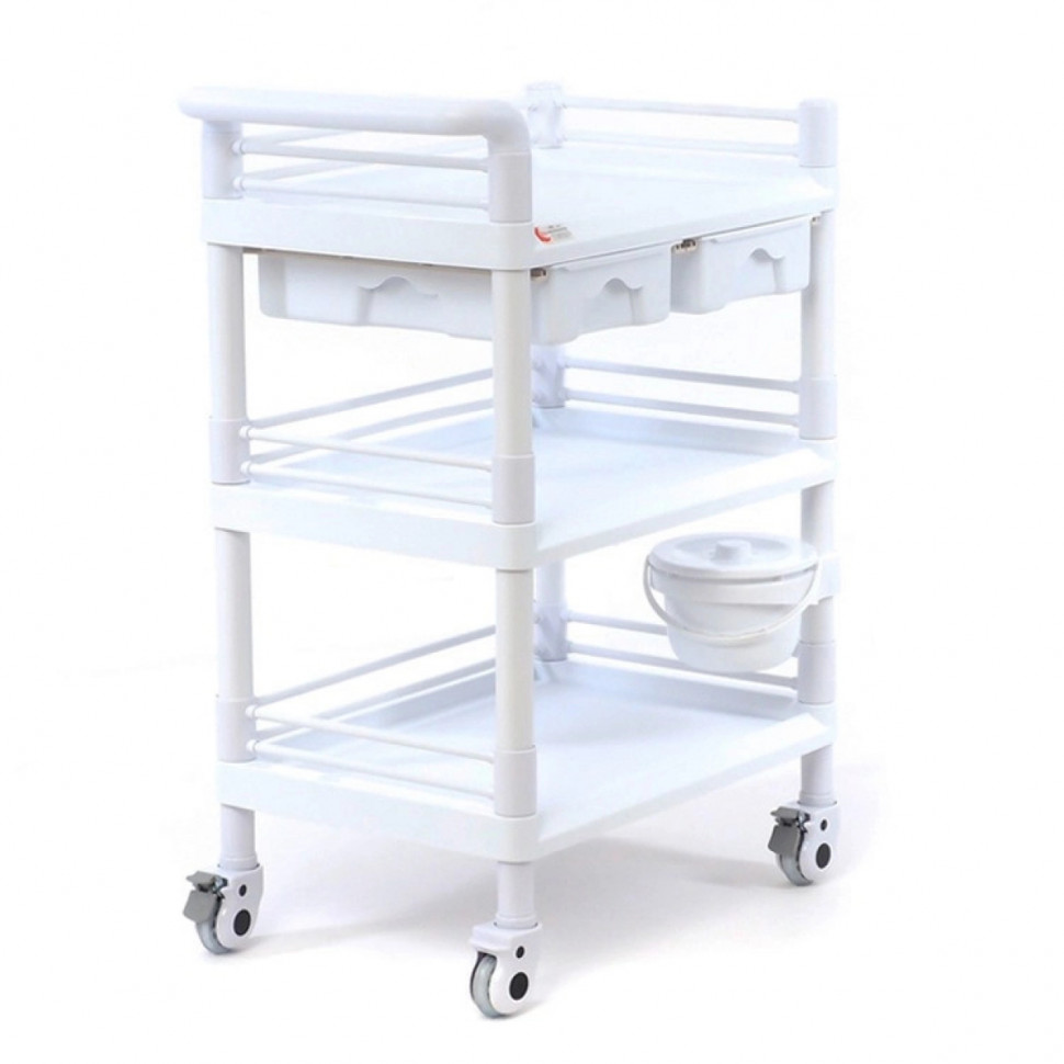 Тележка медицинская (стол манипуляционный) МЕТ SPY-130 (3 полки, 2 ящика, ведро), белый